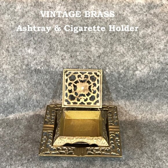 Vintage Brass Ashtray with Flip Top Cigarette Holder Box - Picture 1 of 10